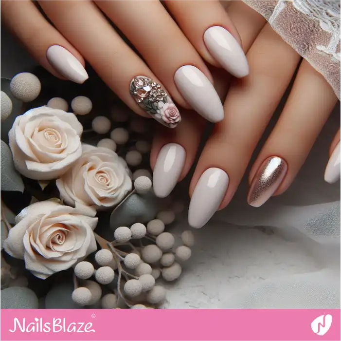 Ivory Nails with Rose Accent | Classy Nails - NB4047