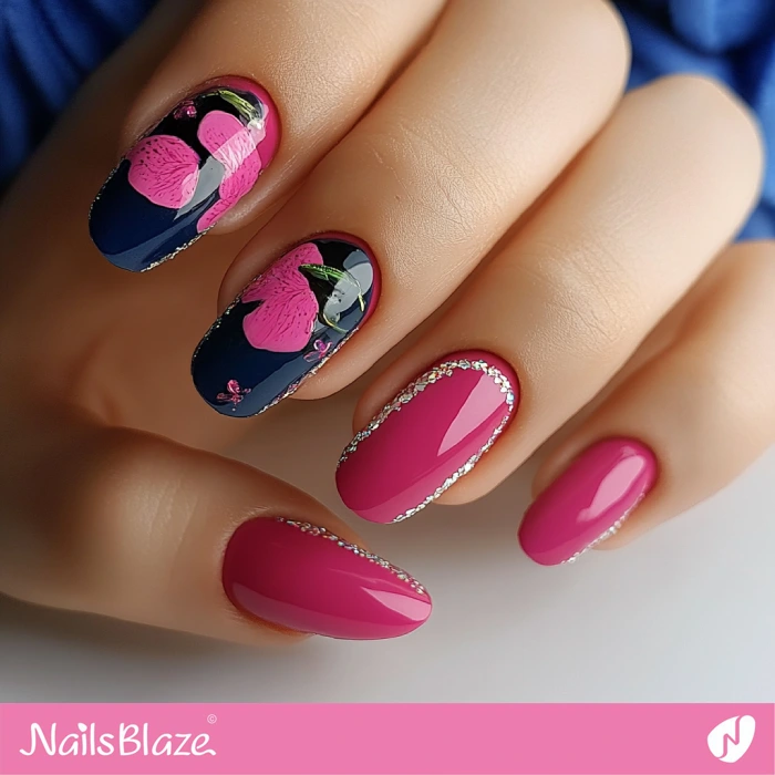 Classy Pink and Blue Nails with Flowers | Classy Nails - NB5577