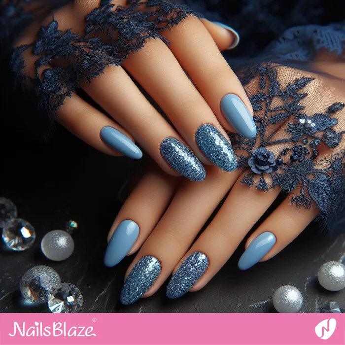 Blue Almond Nails with Glitter Accents | Classy Nails - NB3823