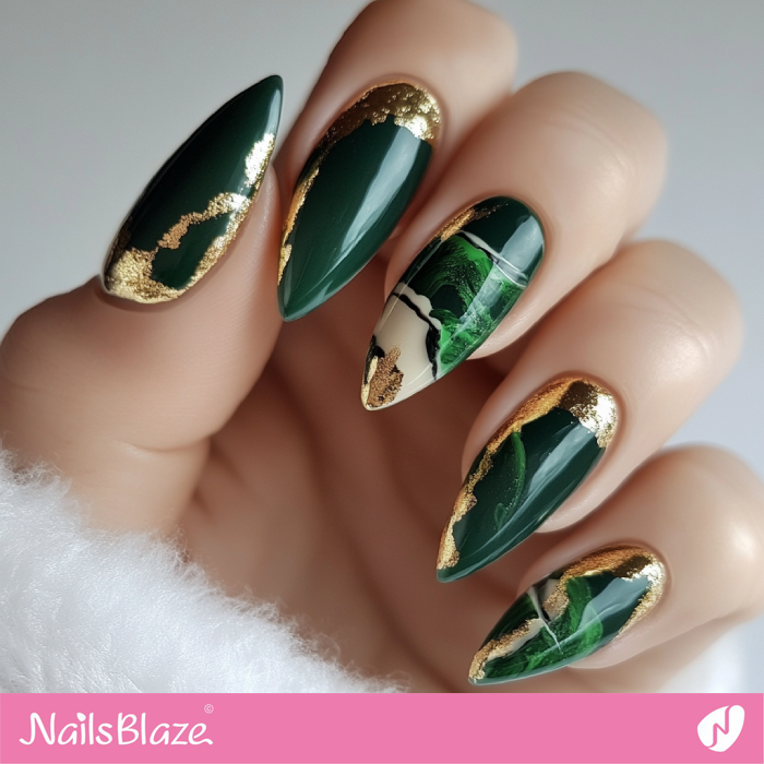 Green Marble Nails Gold Foil Design | Classy Luxury Nails- NB7708