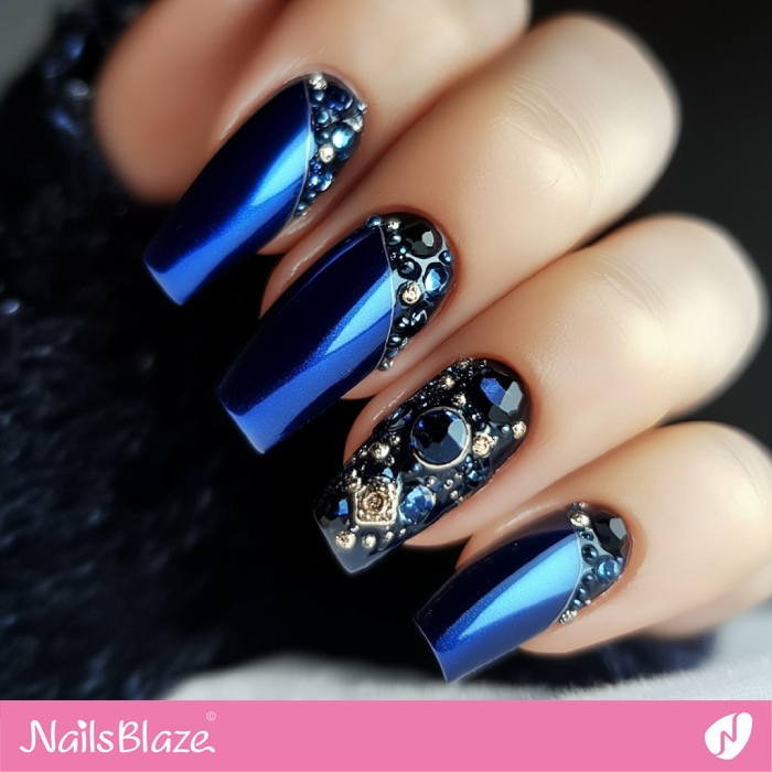 Dark Blue Nails with Embellishment | Classy Luxury Nails- NB7712