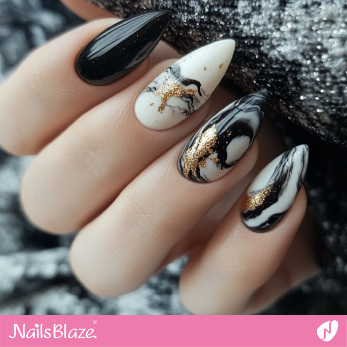 Foil Details for Black Marble Nails | Classy Luxury Nails- NB7719