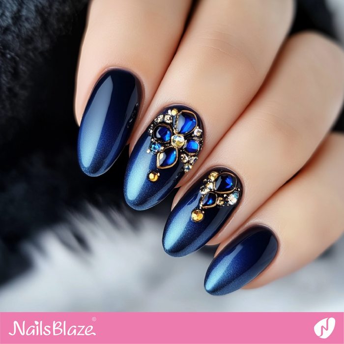 Dark Blue Nails Crystal Design | Classy Luxury Nails- NB7722