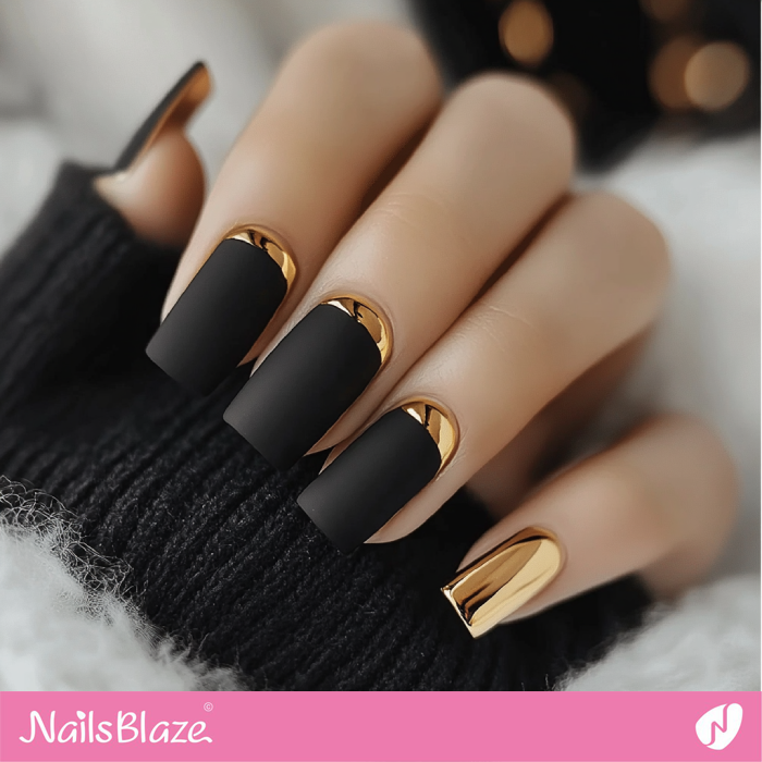 Gold Reverse French for Black Matte Nails | Classy Luxury Nails- NB7728