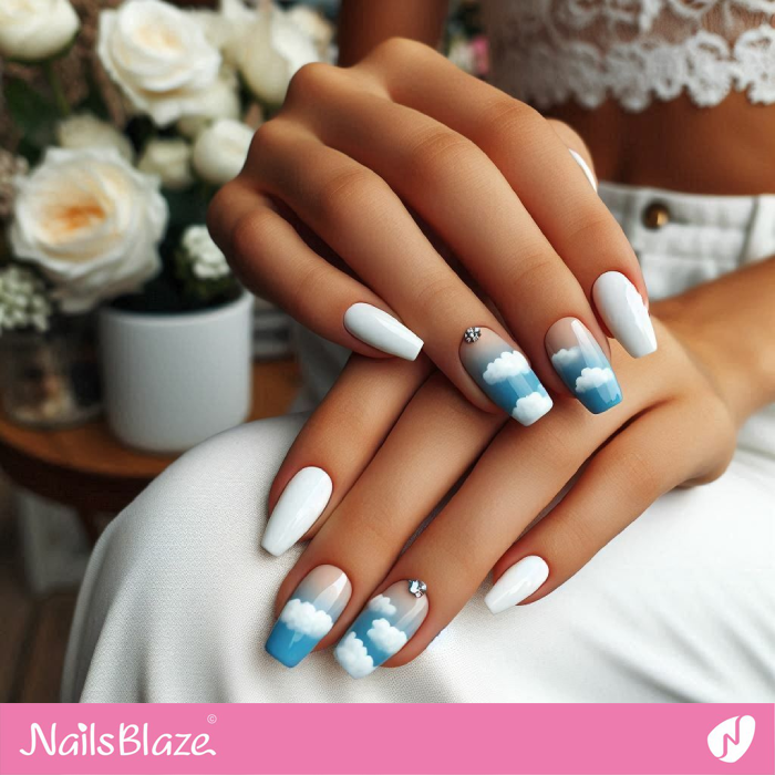 White Nails with Clouds | Cloud Nails - NB5076