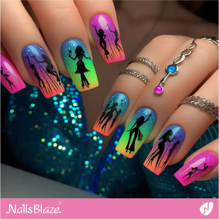 Gradient Neon Nails with Disco Theme | Dance Nails - NB4895