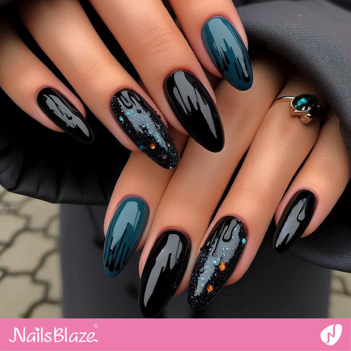 Embellished Nails with Black Drips | Drip Nails - NB5011