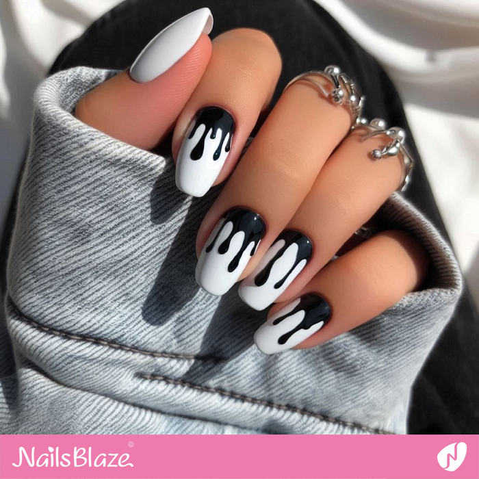 White Nails with Black Drips | Drip Nails - NB5012