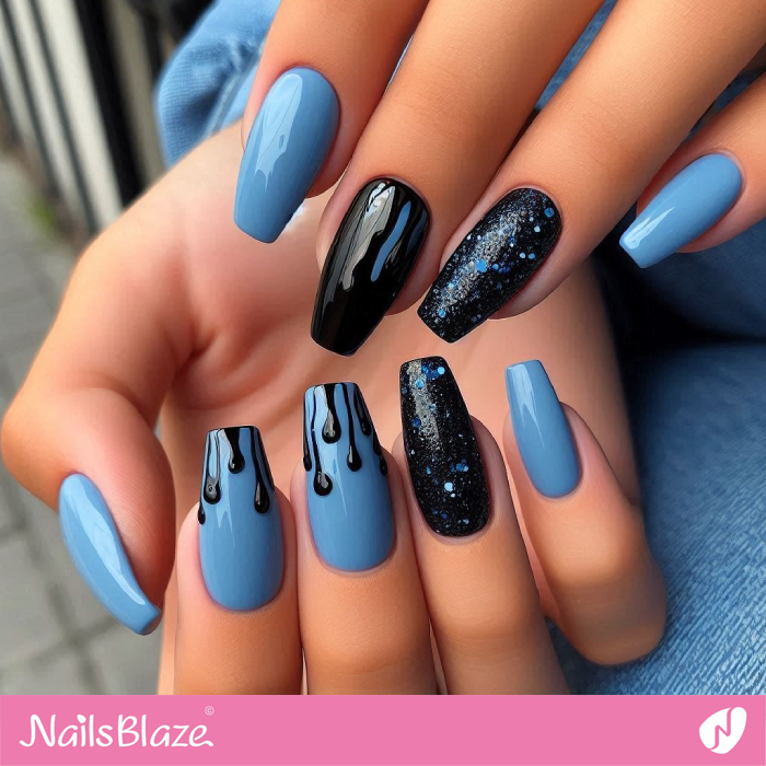 Blue and Black Nails Drip Design | Drip Nails - NB5014