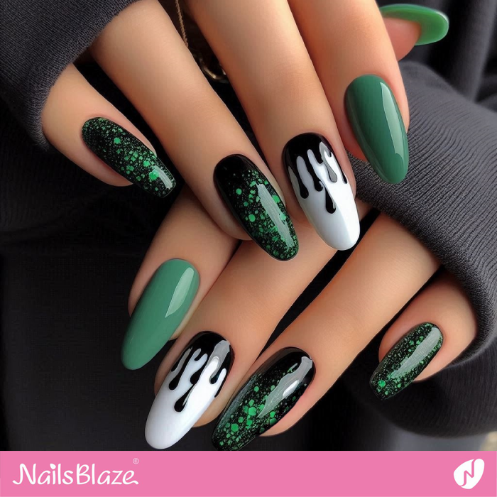 Green Nails with Black Drips | Drip Nails - NB5003