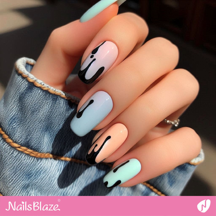 Pastel Nails with Black Drips | Drip Nails - NB5006