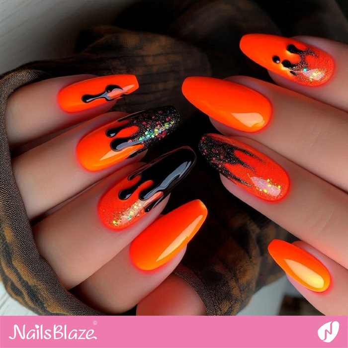 Neon Orange Nails with Drips | Drip Nails - NB5008