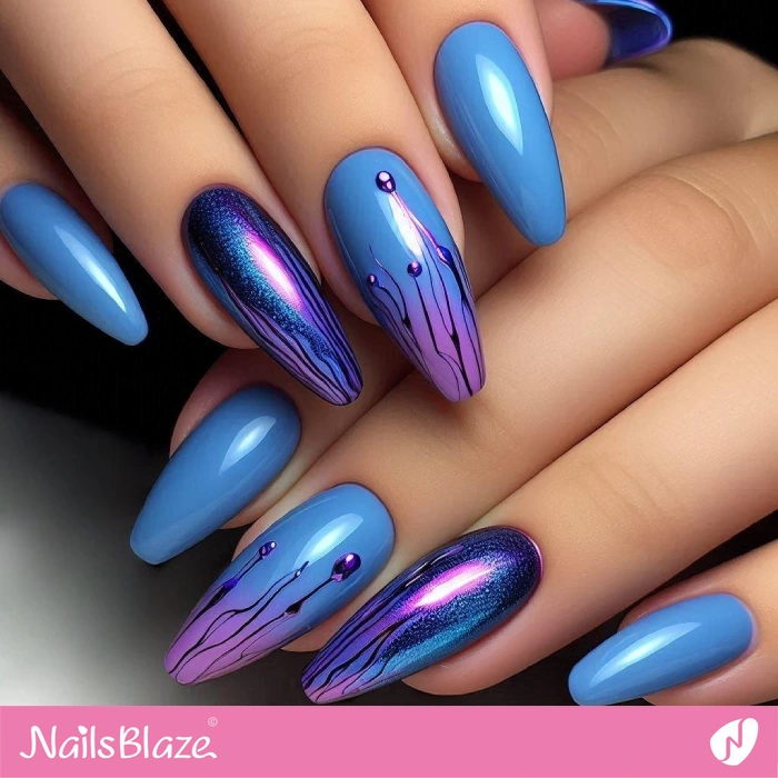 Blue Nails with Purple Chrome Drips | Drip Nails - NB5018