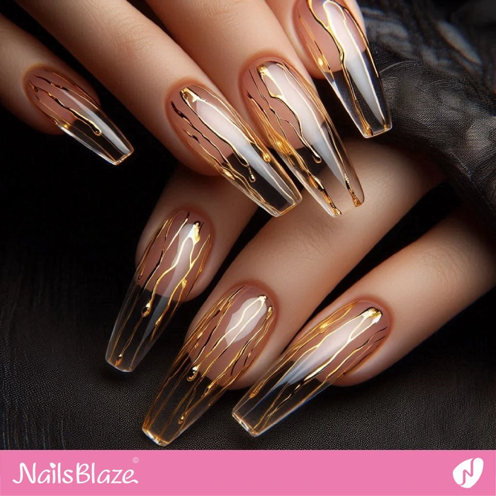 Gold Chrome Drips on Transparent Nails | Drip Nails - NB5020