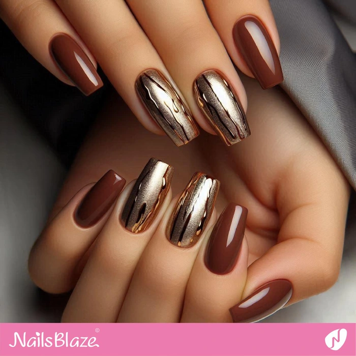 Chocolate Brown Nails with Gold Drips | Drip Nails - NB5028