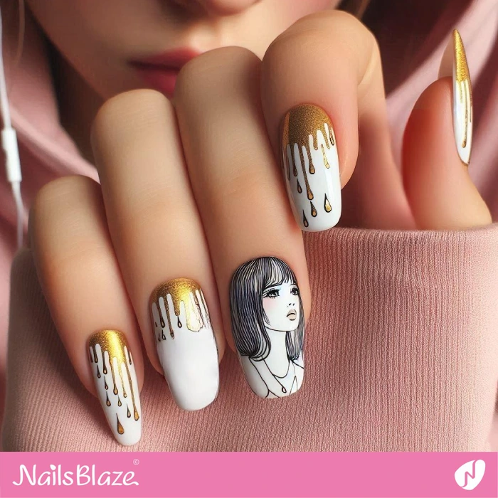 Portrait and Gold Drips Nails Design | Drip Nails - NB5032