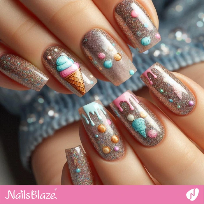 Glitter Nails with Ice Cream Drips | Drip Nails - NB5053