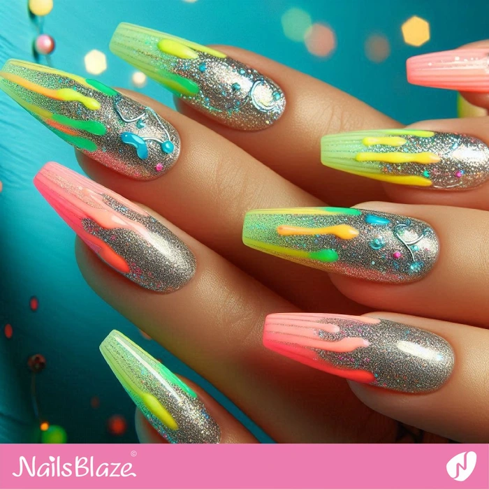 Glitter Nails with Neon Drips Design | Drip Nails - NB5061