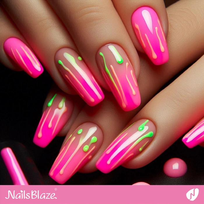 Pink Neon Nails Drips Design | Drip Nails - NB5062