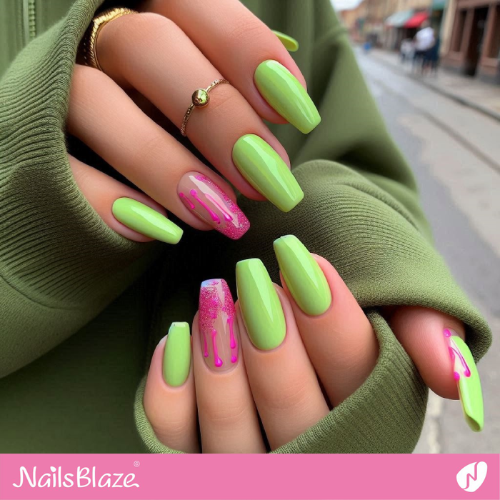 Green Nails with Pink Drip Accents | Drip Nails - NB4993