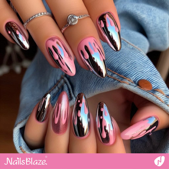 Chrome Nails Pink Drips Design | Drip Nails - NB4995