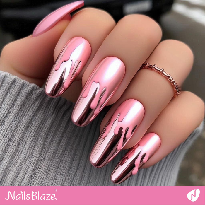 Pink Chrome Nails Drip Design | Drip Nails - NB4999