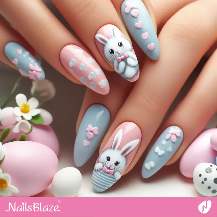 Easter Bunnies with 3D Hearts Design on Nails | Easter Nails - NB3559