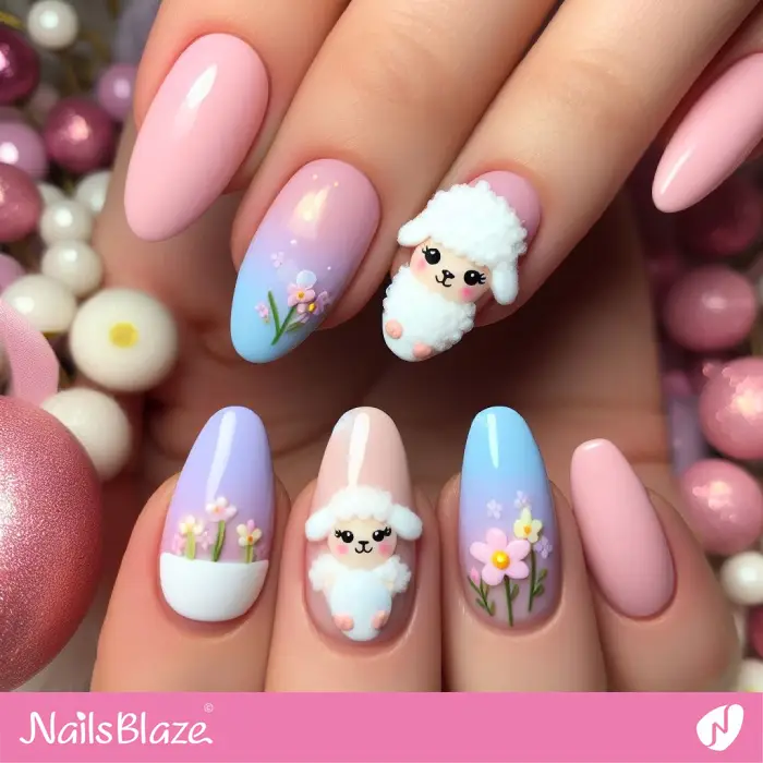 Easter Ombre Nails with 3D Lambs | Easter Nails - NB3560