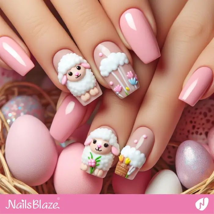 Easter Pink Nails with 3D Lambs | Easter Nails - NB3558