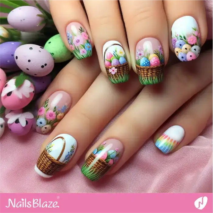 Easter Baskets and Flowers Nails Design for Spring | Easter Nails - NB3377