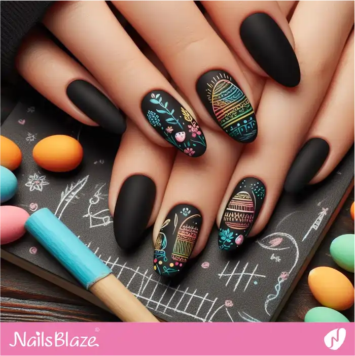 Easter Egg and Flower Design on Black Nails | Easter Nails - NB3574