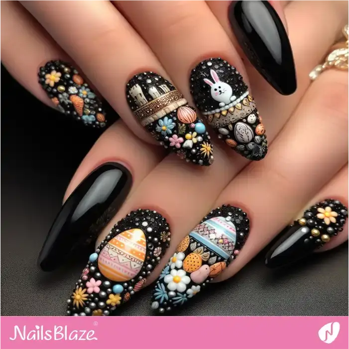 Glossy Black Easter Nails with 3D Embellishment | Easter Nails - NB3576