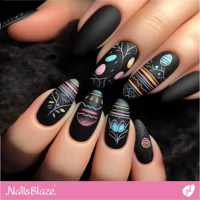 Black Easter Nails with Chalkboard Design | Easter Nails - NB3567