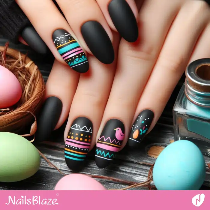 Colorful Stripes on Black Nails for Easter | Easter Nails - NB3569