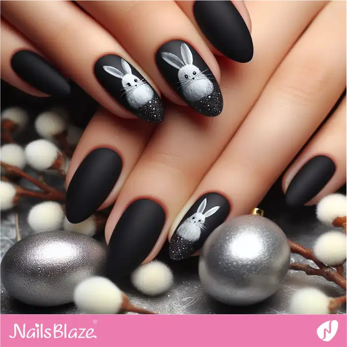 White Easter Bunny on Black Nails | Easter Nails - NB3571