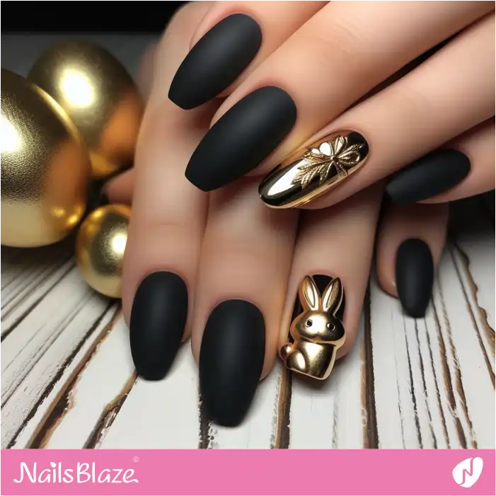 Black Matte Nails with Gold Accents for Easter | Easter Nails - NB3572