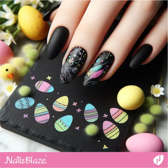 Colorful Chalkboard Design on Black Easter Nails | Easter Nails - NB3573