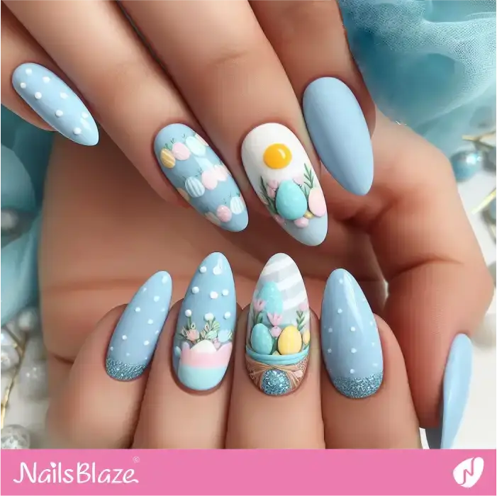 Blue Nails with Easter Eggs Design | Easter Nails - NB3578