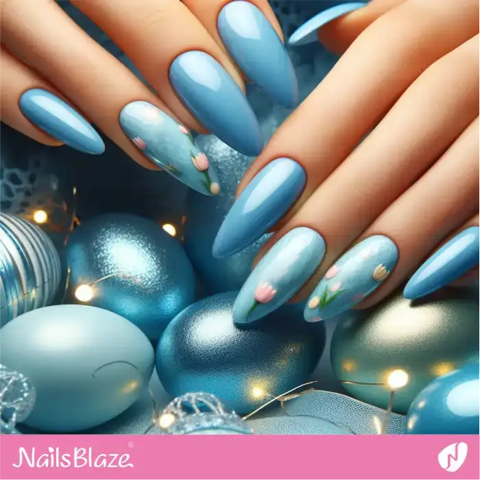 Long Blue Easter Nails with Tulip Design | Easter Nails - NB3588