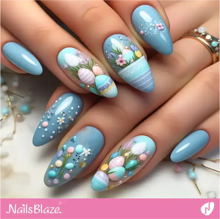 Easter Eggs and Flowers on Blue Nails | Easter Nails - NB3581