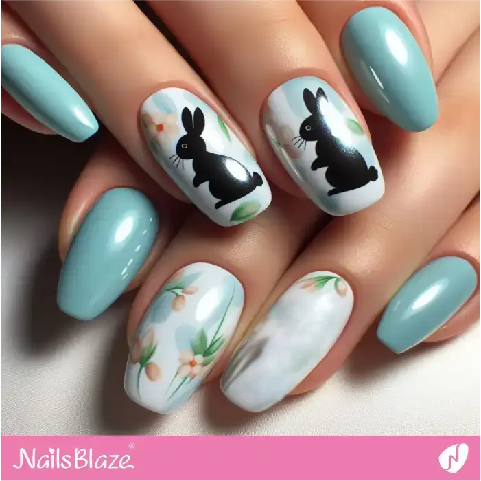 Blue Nails with Silhouette Rabbits for Easter | Easter Nails - NB3391