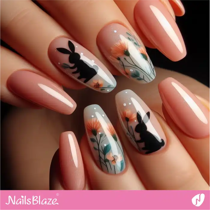 Glossy Nude Nails with Bunny and Flower Design | Easter Nails - NB3393