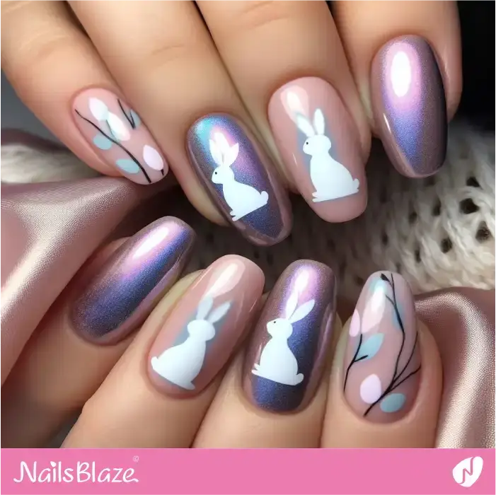 Aurora Effect Nails with White Silhouette Bunny Design | Easter Nails - NB3394