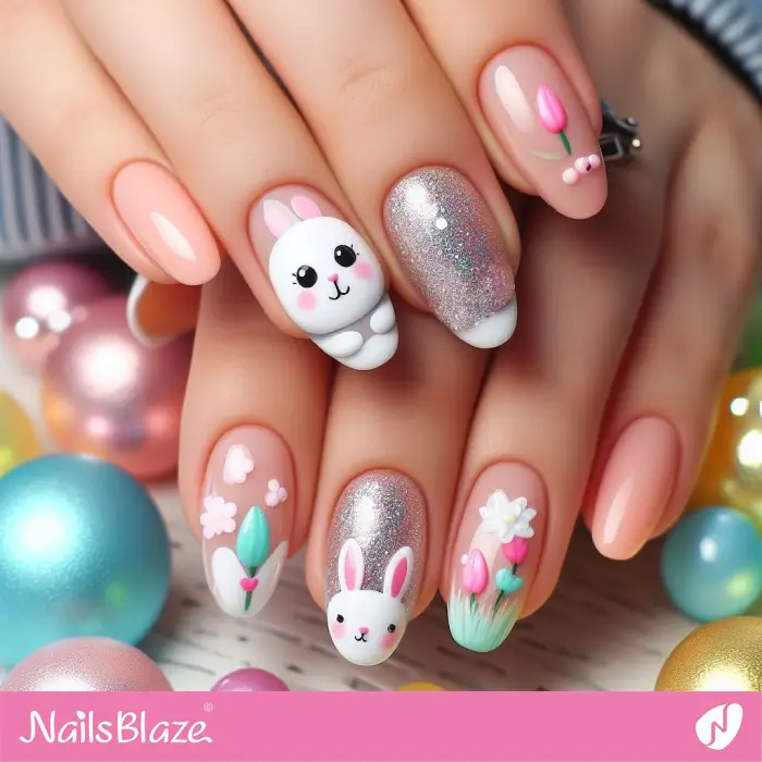 Easter Bunny on Nails with Flowers | Easter Nails - NB3545