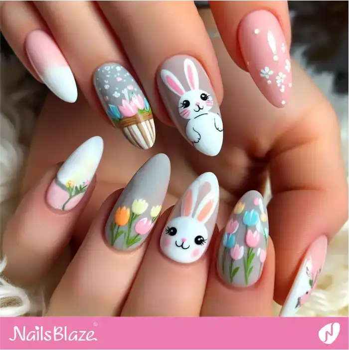 Easter Bunny and Flowers Nails Design | Easter Nails - NB3380