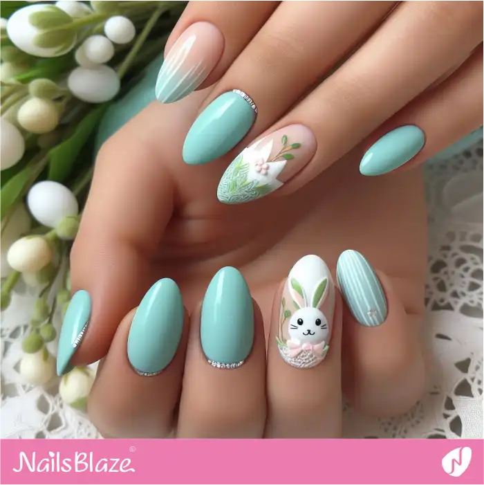 Mint Green Nails Design with Easter Bunny | Easter Nails - NB3679
