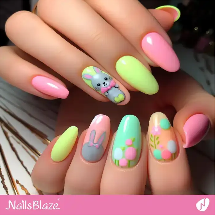 Pastel Neon Nails for Easter with Bunnies | Easter Nails - NB3383