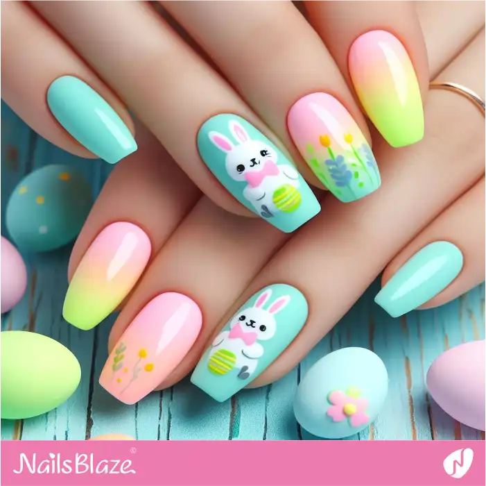 Pastel Neon Nails with Cute Easter Bunny Design | Easter Nails - NB3385