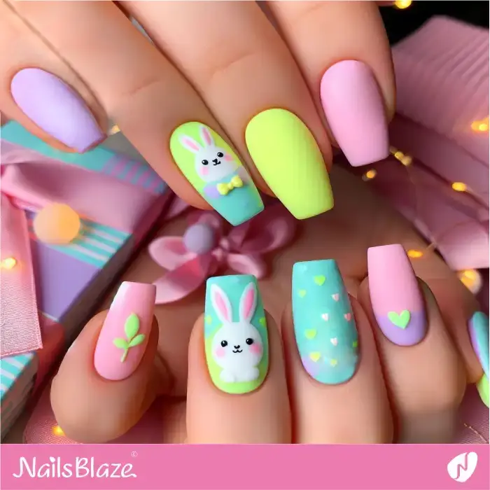Hearts and Easter Bunny Pastel Neon Nails | Easter Nails - NB3387