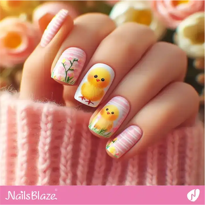 Pink Striped Nails with Easter Chick Design | Easter Nails - NB3421